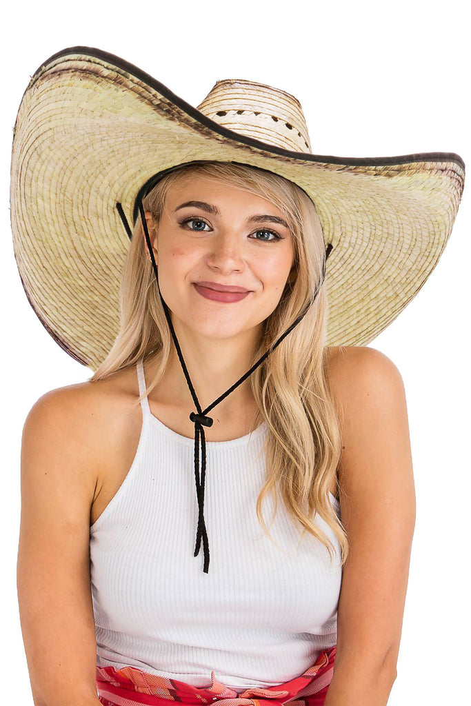 Cap Zone - Biggs Wide Retro Burnt Palm Straw Cowboy Hat-Cap Zone-Beige/Brown-One Size-Spunkys Surf Shop LLC