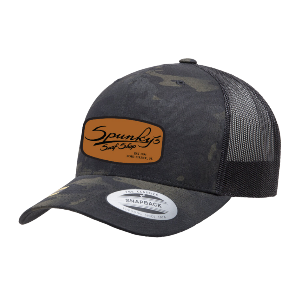 Spunky's - Black Camo Trucker - Hat - Rectangle Leather Patch-Hats-Spunky's-Camo & Black / Brown Leather-Spunkys Surf Shop LLC