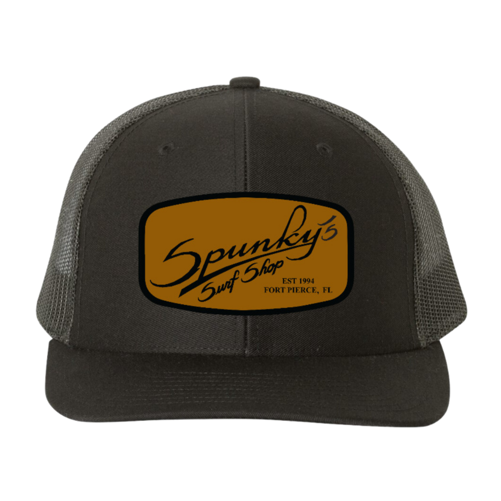 Spunky's - Black Trucker - Hat - Rectangle Leather Patch-Hats-Spunky's-Black-Brown Leather-Spunkys Surf Shop LLC