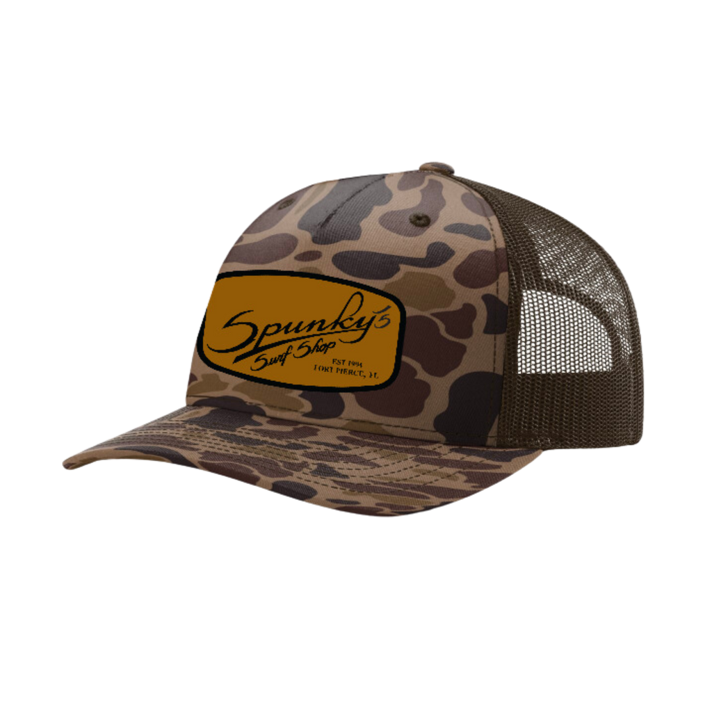 Spunky's - Brown Camo Trucker - Hat - Rectangle Leather Patch