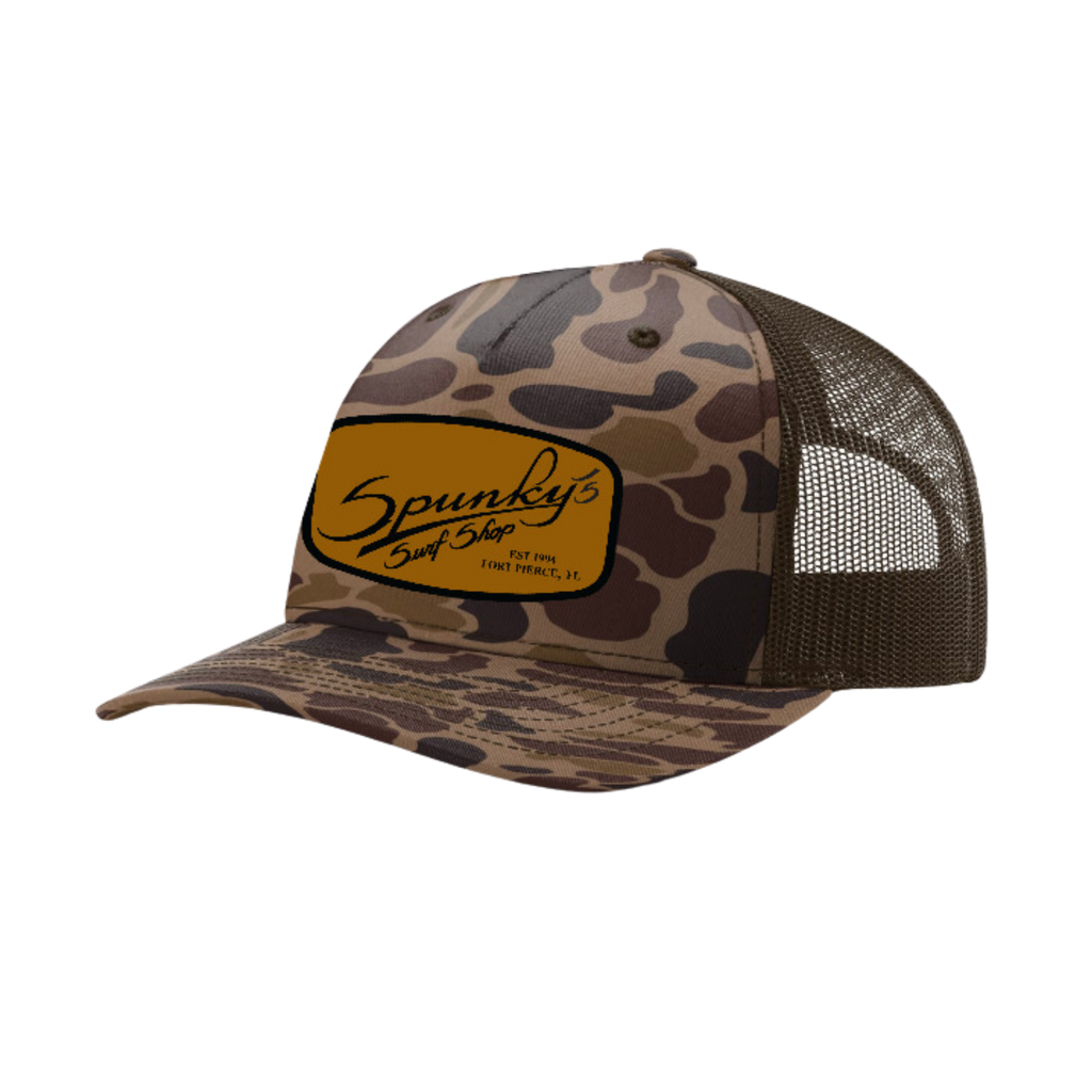 Spunky's - Brown Camo Trucker - Hat - Rectangle Leather Patch-Hats-Spunky's-Bark Duck/Brown-Spunkys Surf Shop LLC