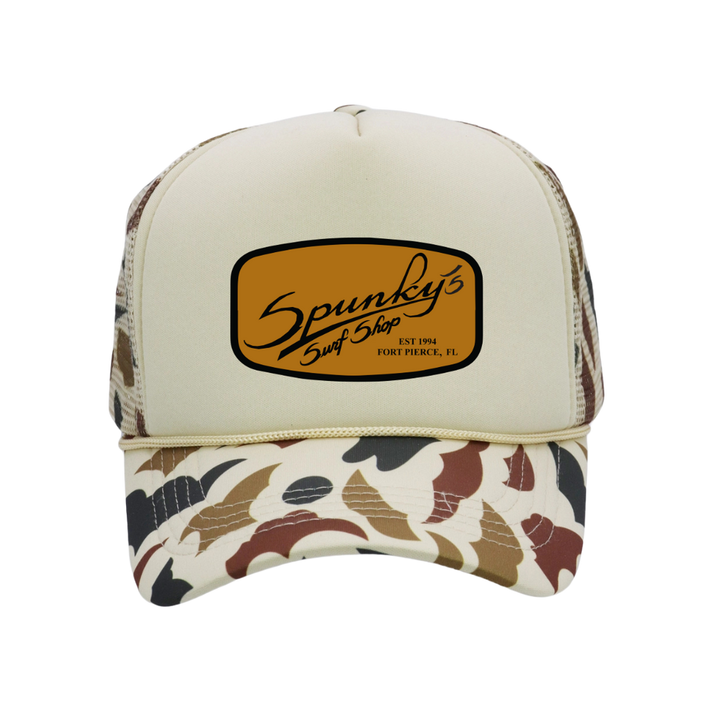 Spunky's - Camo Foam Trucker - Hat - Rectangle Leather Patch-Hats-Spunky's-Retro Camo-Rectangle Leather Patch-Spunkys Surf Shop LLC