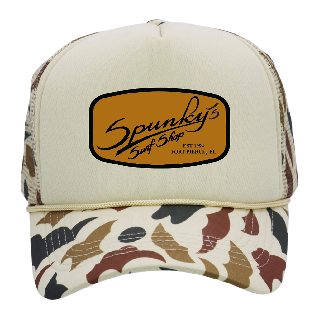 Spunky's - Camouflage Leather Spunky's Patch Five Panel Foam Trucker Hat-Hats-Spunky's-Khaki/Desert Camo-Spunkys Surf Shop LLC