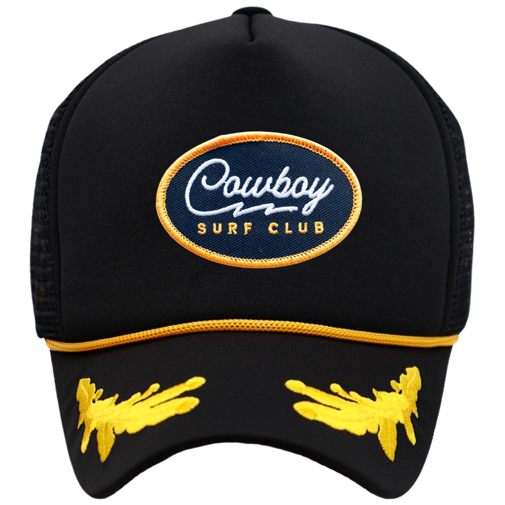 Spunky's - Captain Cowboy Surf Club Five Panel Foam Trucker Hat-Hats-Spunky's-Black/Gold-Spunkys Surf Shop LLC